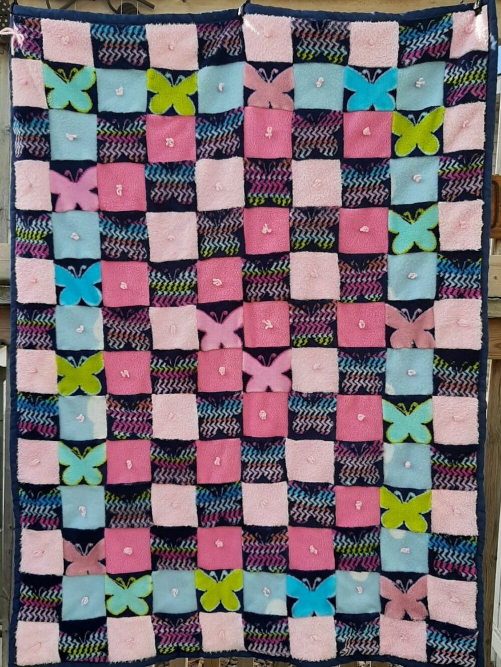 Handmade Pink Butterfly Baby Toddler Quilt Multicolor Cotton Flannel 36" x 47"
